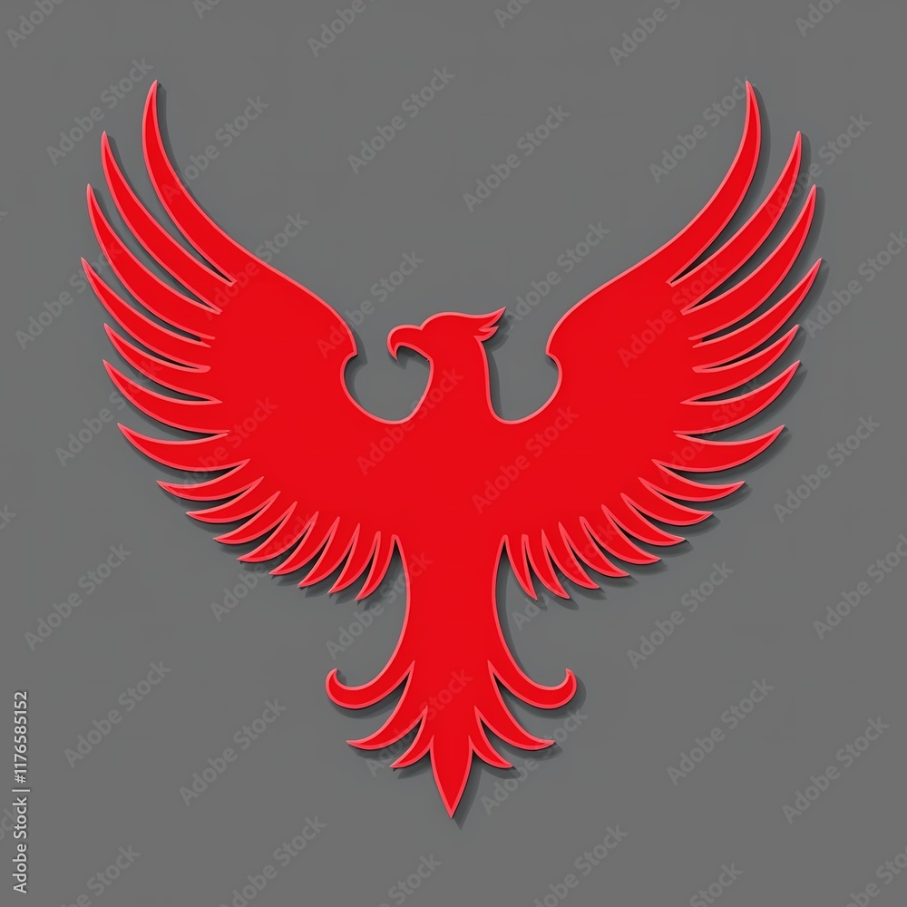 Fototapeta premium Red phoenix logo with spread wings on a gray background.