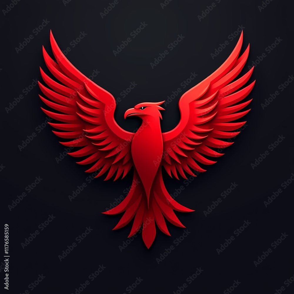 Obraz premium Vibrant red phoenix with spread wings on a dark background.