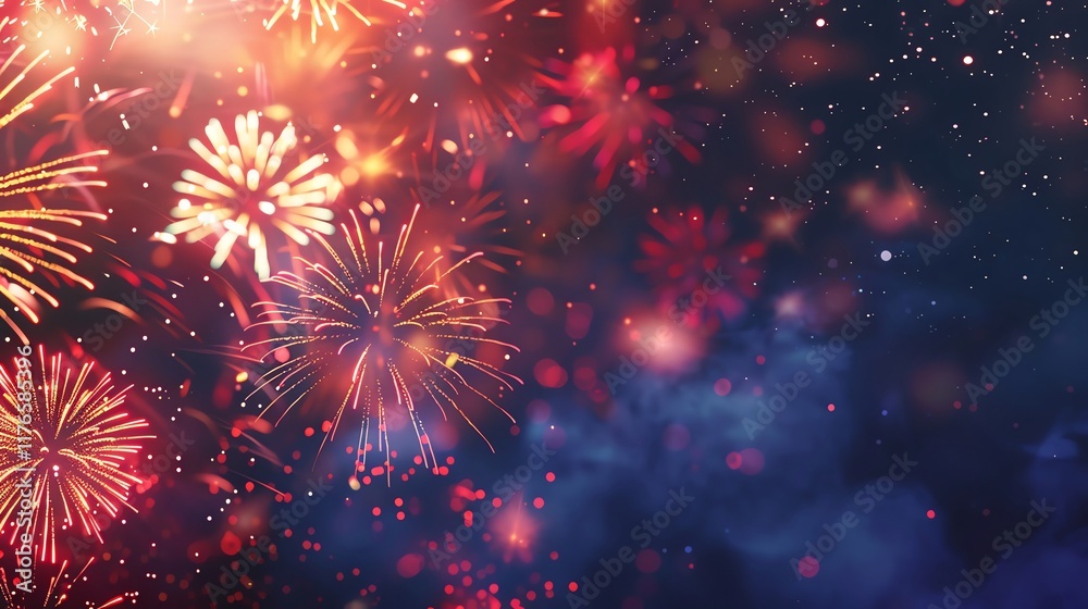 Fototapeta premium Patriotic Fireworks Display Bright and colorful fireworks display in a dark night sky with ample blank space for text