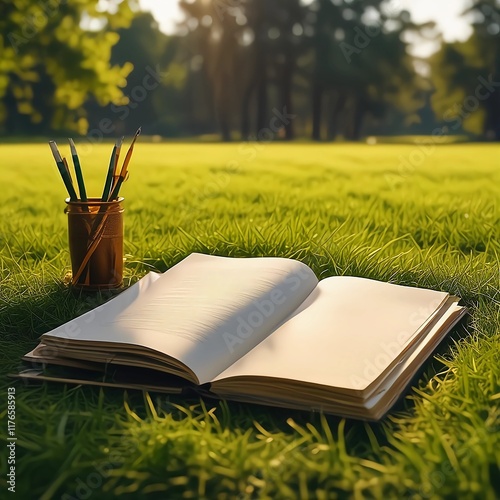 Wide angle view of an empty opened notebook in a grass ground with stationary items like pen, pencil, eraser, paint brush and whitener photo