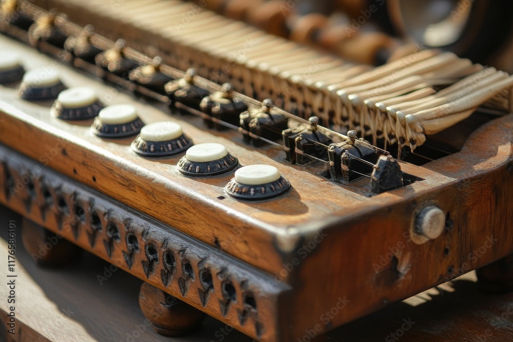 Antique wooden musical instrument, numerous knobs, levers. Antique wooden musical instrument, numerous knobs, levers.