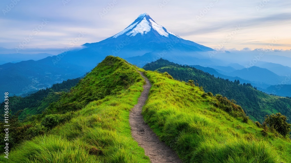 Fototapeta premium Breathtaking mountain landscape with a winding hiking trail through verdant grasslands leading to stunning panoramic vistas and a dramatic sky at dusk or dawn