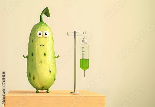 Cucumber Character with IV Drip: A Creative and Whimsical Illustration for Health and Nutrition Concepts