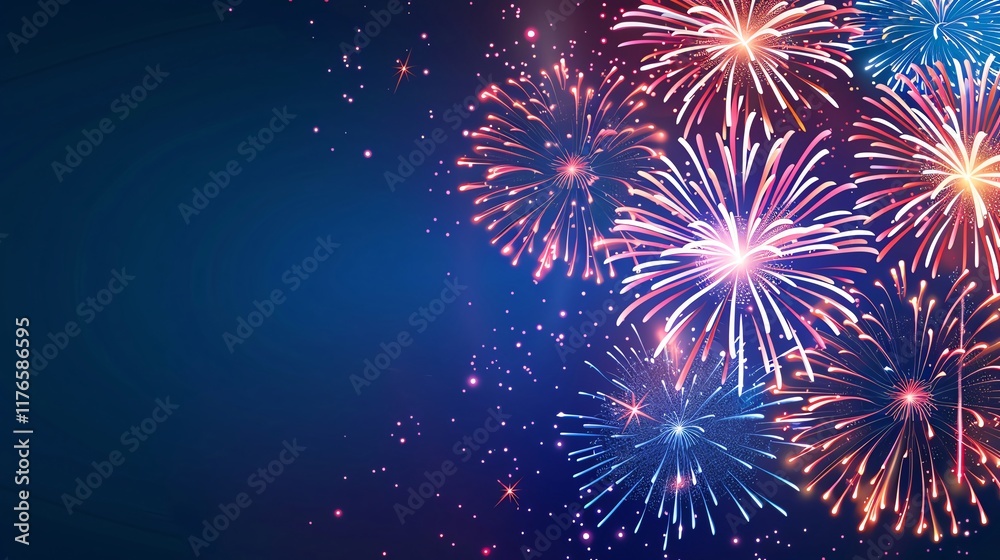 Fototapeta premium Night Sky Fireworks Bright and colorful fireworks in a dark night sky with ample blank space for text