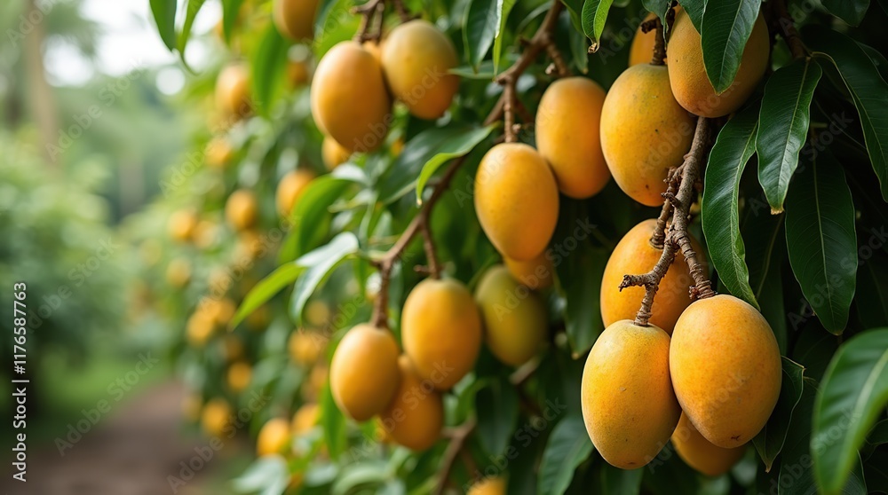Ripe Yellow Mangoes Hanging in Clusters from Green Mango Tree Ripe Yellow Mangoes Hanging in Clusters from Green Mango Tree