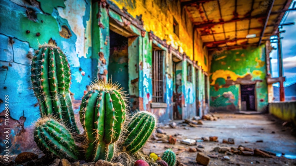 Fototapeta premium Grunge textures meet desert resilience: abandoned buildings, watercolor cacti, urban exploration.