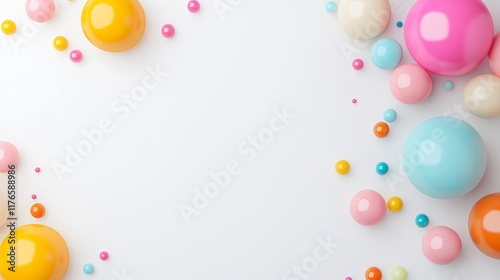 Bunch of bright balloons and space for text against white background. Generated by AI. photo