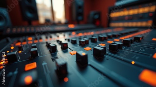Close-Up View of Audio Mixer Console in Recording Studio