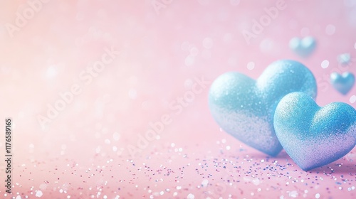 Soft Pink Background Adorned with Glistening Blue Hearts and Sparkling Glitter for Romantic or Celebration Themes