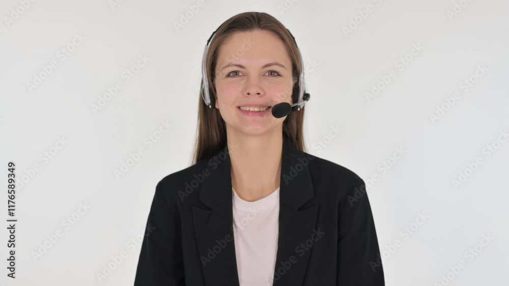 Smiling Young Female Call Center Employee with Headset on White Background Smiling Young Female Call Center Employee with Headset on White Background