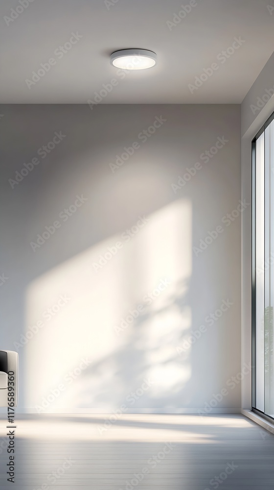 Comfortable minimalist living room with large window and soft sunlight for a serene ambiance : Generative AI Comfortable minimalist living room with large window and soft sunlight for a serene ambiance : Generative AI