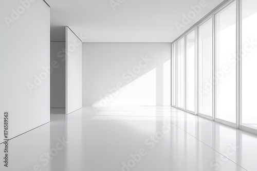Bright and Minimalist Interior with Expansive Windows and Glossy White Flooring : Generative AI