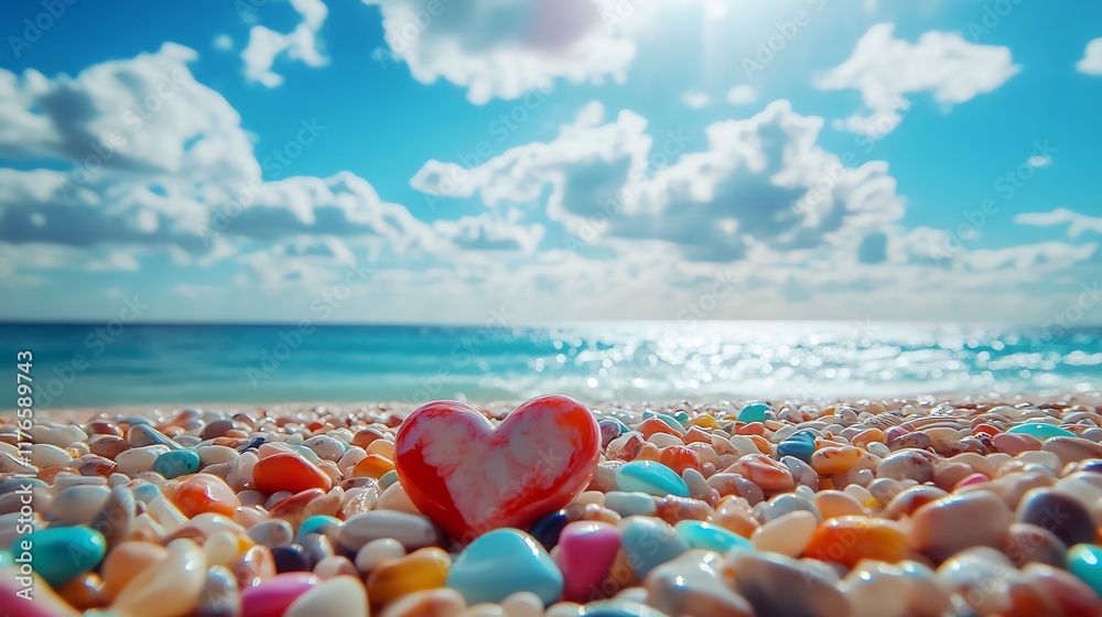 Colorful Heart-Shaped Stone Rests on a Beach of Pebbles Under a Bright Sun and Blue Sky Colorful Heart-Shaped Stone Rests on a Beach of Pebbles Under a Bright Sun and Blue Sky