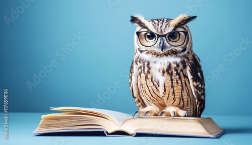 Wallpaper Mural Owl with blue glasses reading a book on a turquoise background, Torontodigital.ca