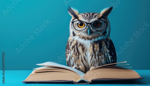 Wallpaper Mural Owl with blue glasses reading a book on a turquoise background, Torontodigital.ca
