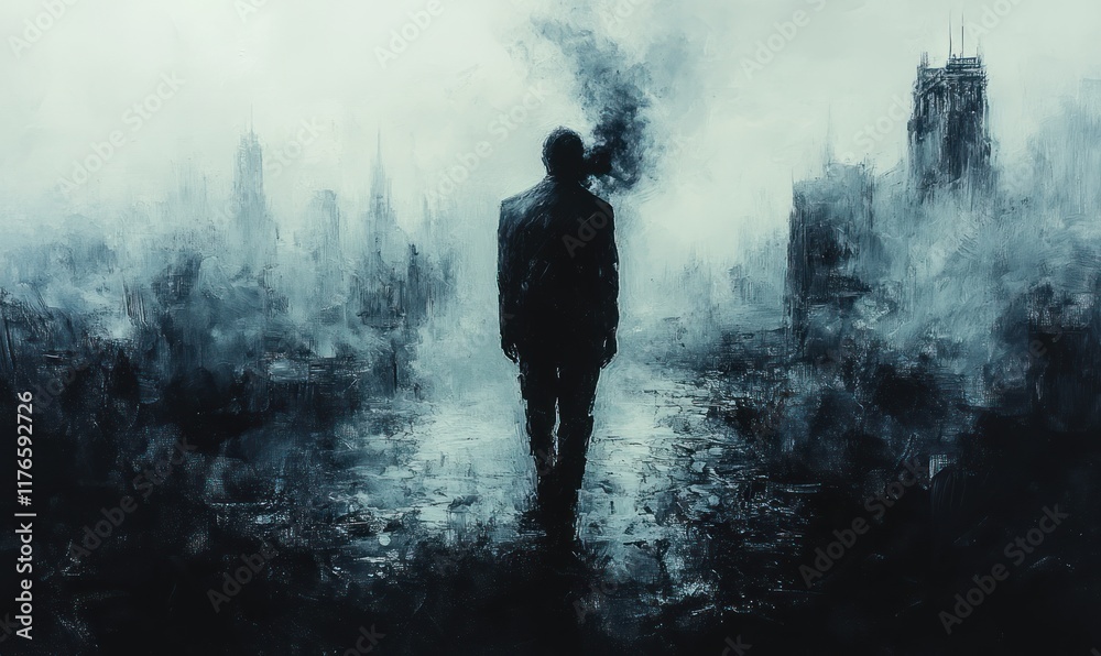 Obraz premium Here's a 10-word description of the image: Solitary figure walks