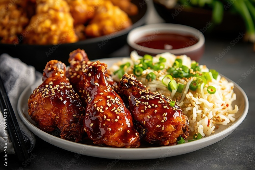 Delicious chicken drumsticks glazed with sauce served with rice and green onions. Delicious chicken drumsticks glazed with sauce served with rice and green onions.