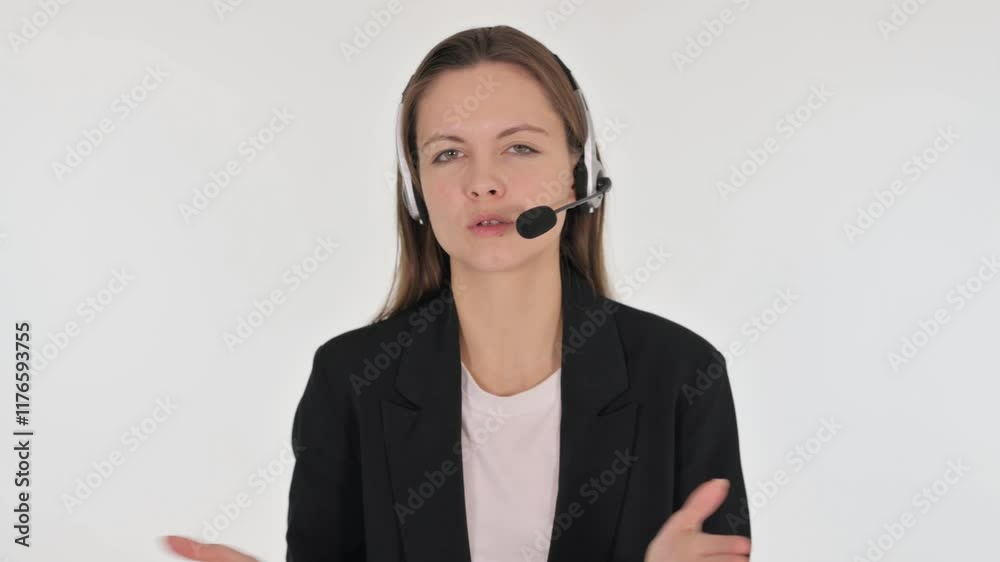 Talking Young Female Call Center Employee with Headset on White Background Talking Young Female Call Center Employee with Headset on White Background