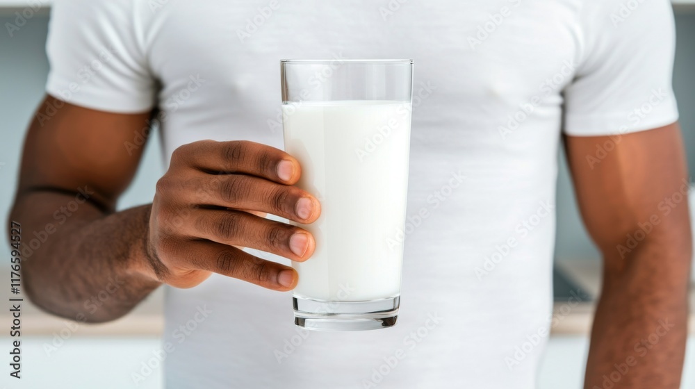 Healthy lifestyle choice man holding milk glass in modern kitchen nutritional drink indoor setting wellness concept Healthy lifestyle choice man holding milk glass in modern kitchen nutritional drink indoor setting wellness concept