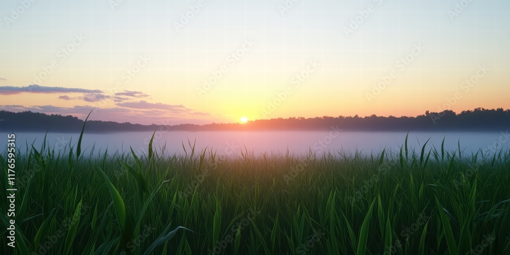 Obraz premium Serene Sunrise Over Lush Green Grassland with Misty Horizon
