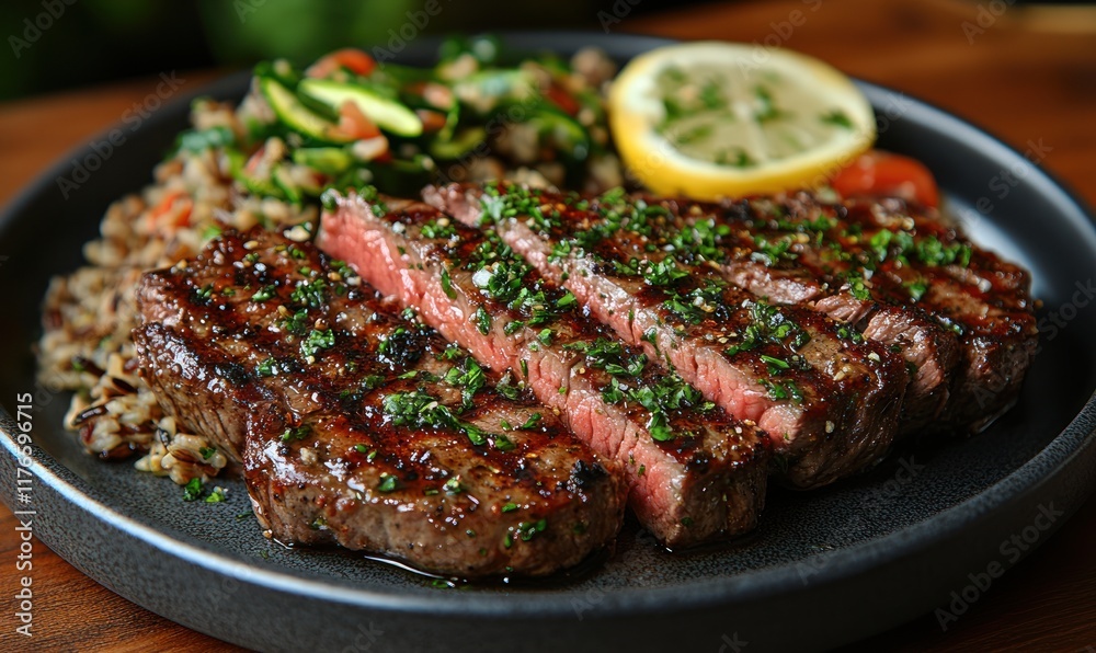 Grilled steak, herb garnish, wild rice, salad. Grilled steak, herb garnish, wild rice, salad.