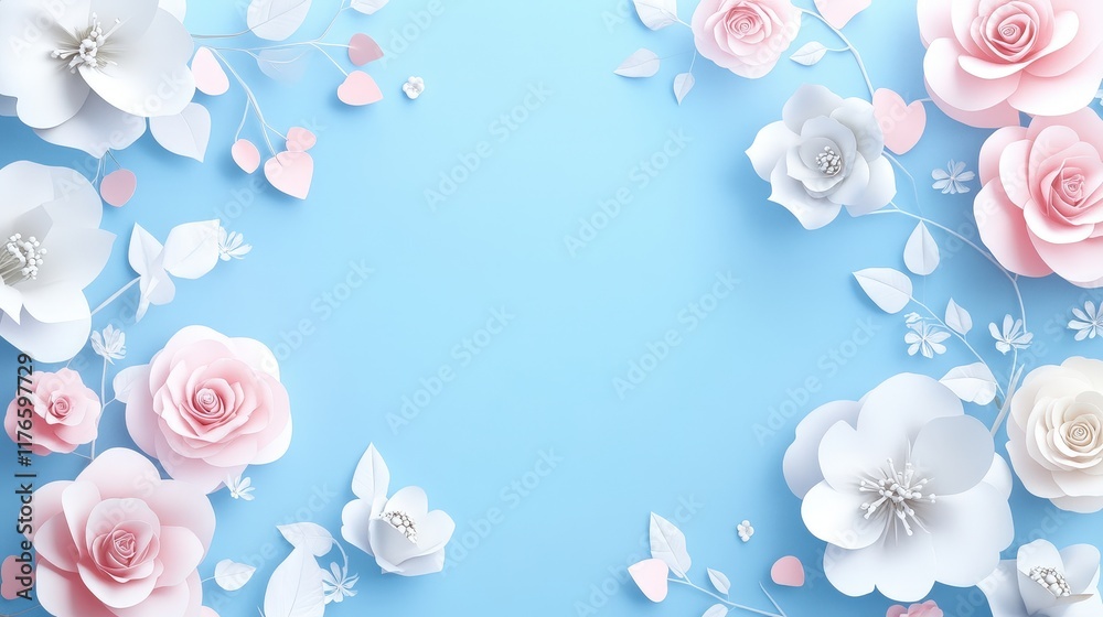 Fototapeta premium Elegant Banner Design Featuring Delicate White and Pink Flowers on Soft Light Blue Background for Creative Projects