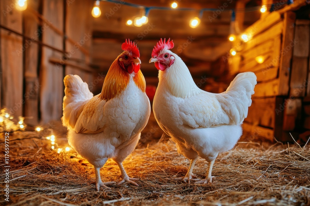 Fototapeta premium Two chickens standing in hay. AI.