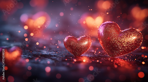 Glowing hearts with sparkling effects create romantic atmosphere. Perfect for Valentine Day celebrations