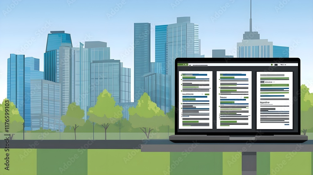 Obraz premium Data analysis event with laptop city skyline digital content urban environment aerial view technology insights