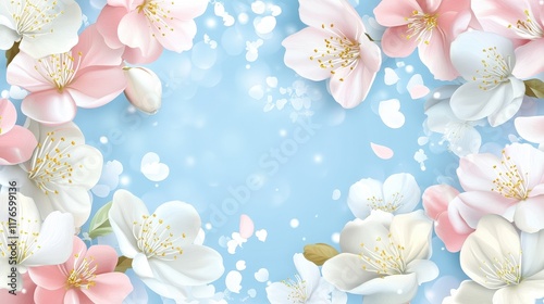 Elegant Floral Banner Featuring White and Pink Flowers on a Light Blue Background Perfect for Invitations and Spring Celebrations