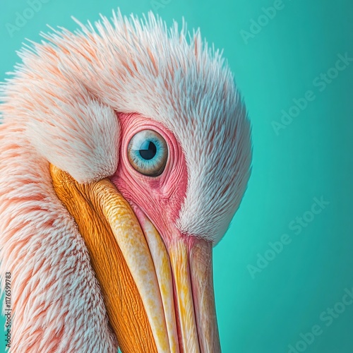 Pink pelican portrait, close-up eye, teal background photo