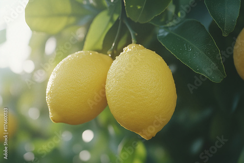 Bunch of fresh ripe lemons hanging on a tree in lemons garden