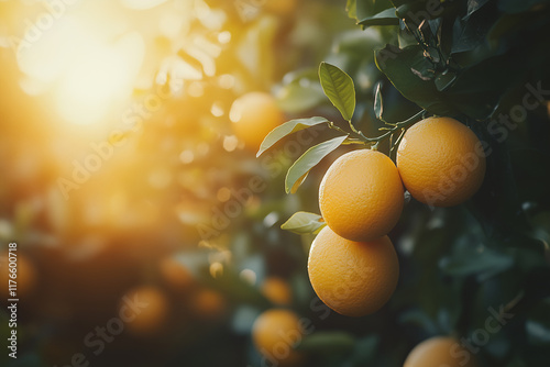 Bunch of fresh ripe oranges hanging on a tree in orange garden