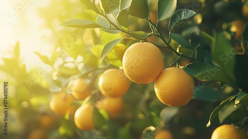 Bunch of fresh ripe oranges hanging on a tree in orange garden