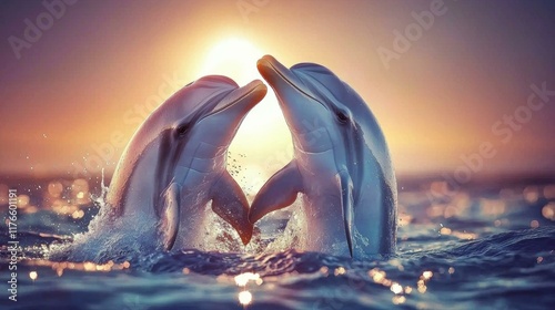 Dolphins playfully interacting in the ocean. AI.