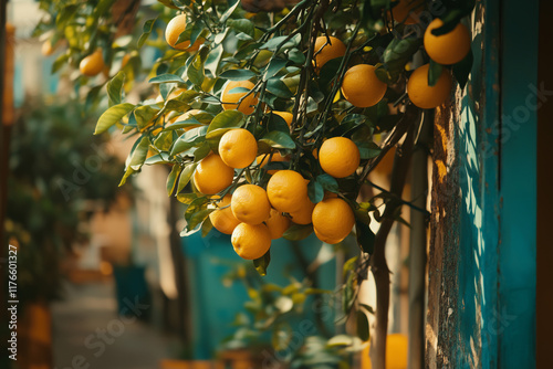 Bunch of fresh ripe oranges hanging on a tree in orange garden