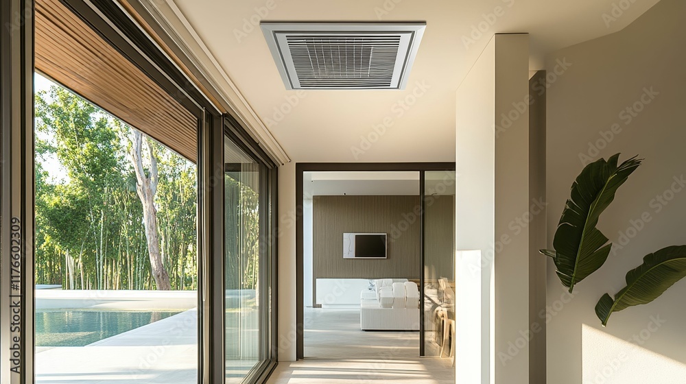 Fototapeta premium Modern hallway, ceiling vent, pool view, sunlight.