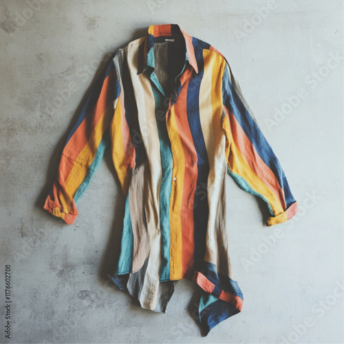A long, colorful striped shirt, thrown on the floor