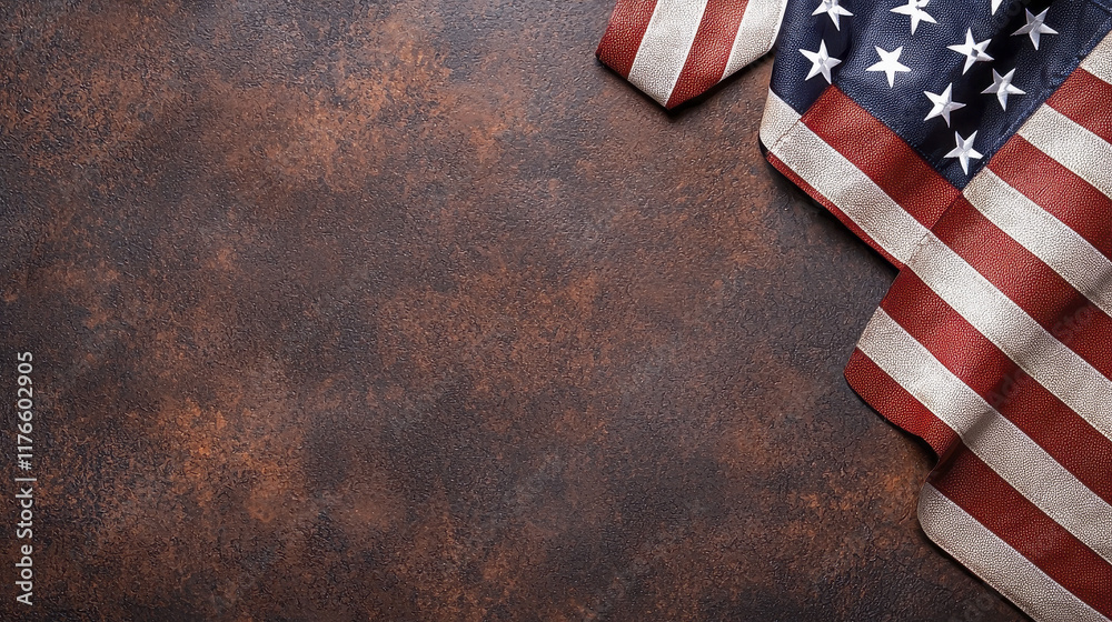 Obraz premium Patriotic American flag draped on textured brown background, symbolizing national pride and unity. Perfect for celebrating freedom and heritage