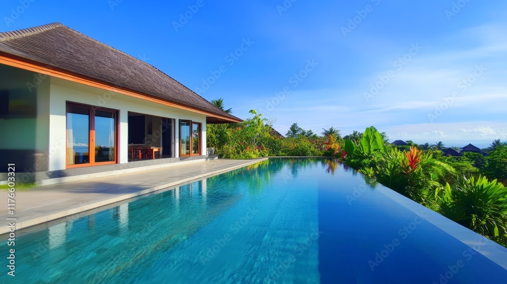 Fototapeta premium Modern villa with an infinity pool overlooking lush greenery and a clear blue sky.
