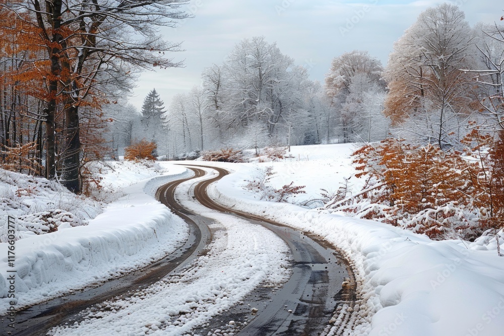 Obraz premium A winding snow covered road through a forest. AI generative. .