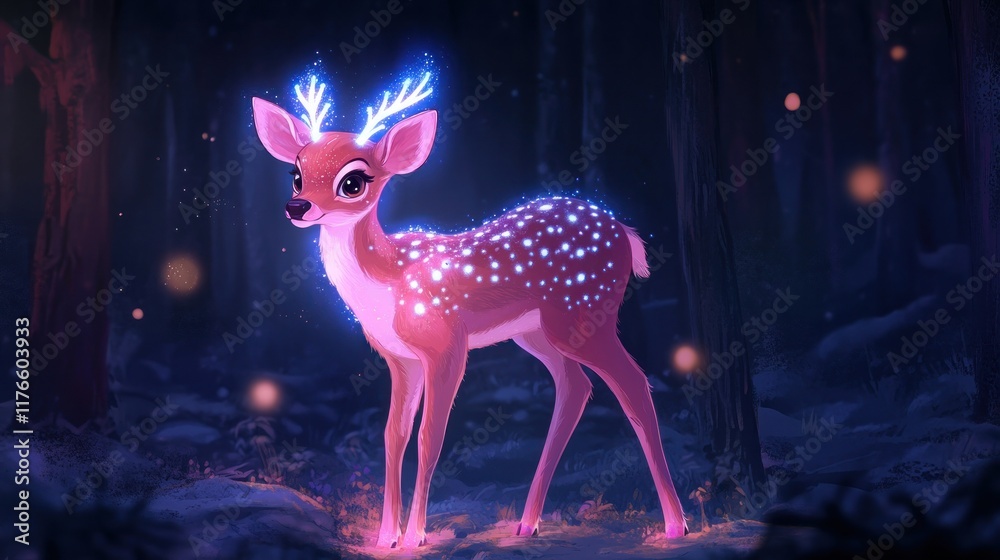 Glowing deer, enchanted forest, night, fantasy art, children's book Glowing deer, enchanted forest, night, fantasy art, children's book