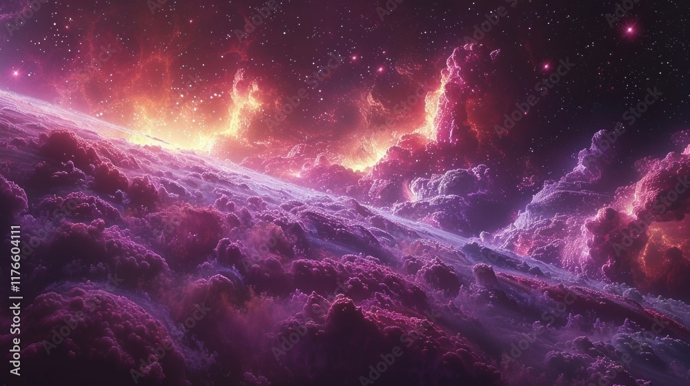 Obraz premium Purple and orange nebula with stars in the night sky. AI generative. .