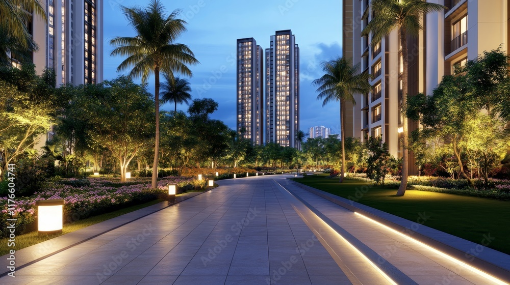 Modern urban landscape with tall buildings and lush greenery at twilight. Modern urban landscape with tall buildings and lush greenery at twilight.