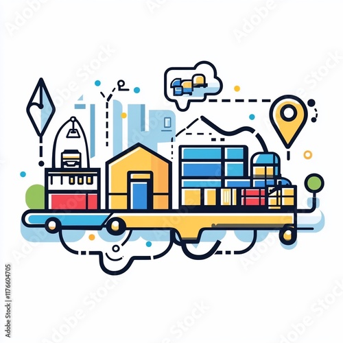 Colorful graphic illustration of a city logistics system, showing a mobile city with buildings, trucks, and delivery services, connected by lines and icons.