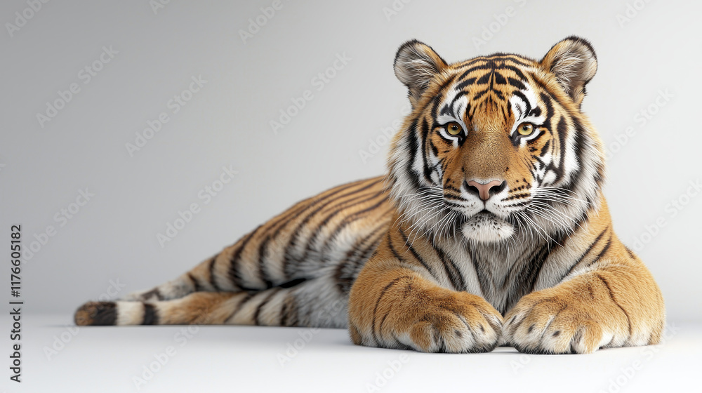 Obraz premium stunning tiger resting gracefully, showcasing its majestic fur and striking features. This powerful animal embodies strength and beauty in serene pose