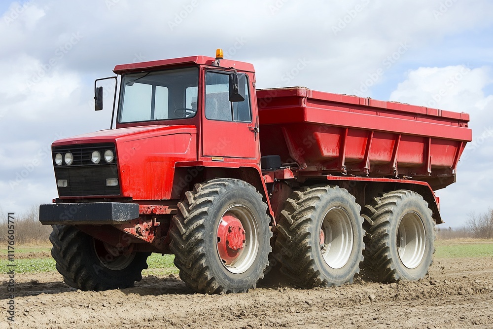 Red tractor hauling cargo in field. Agriculture, farming, rural Red tractor hauling cargo in field. Agriculture, farming, rural