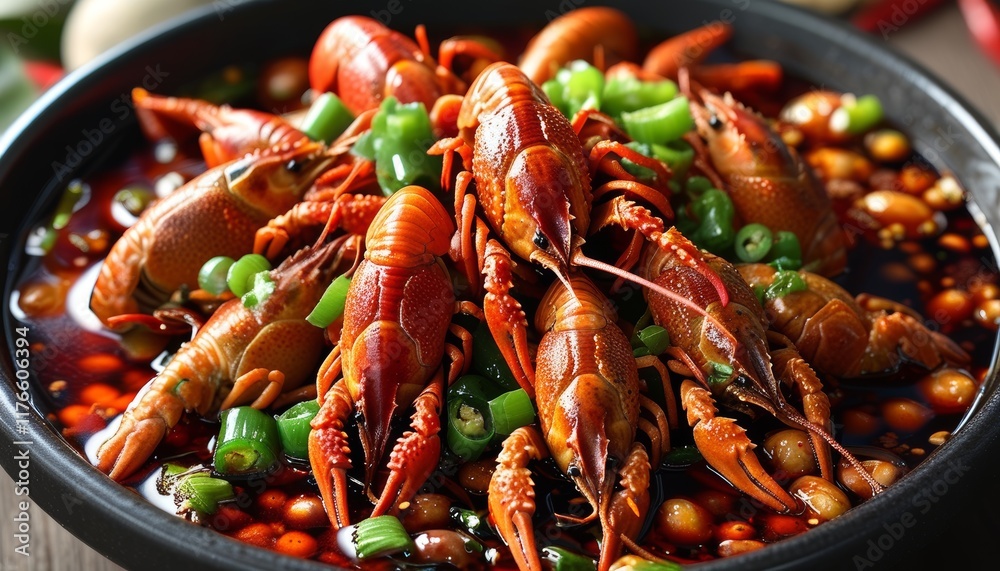 Vibrant Sichuan Mala Crayfish Dish Garnished with Green Onions and Spicy Sauce