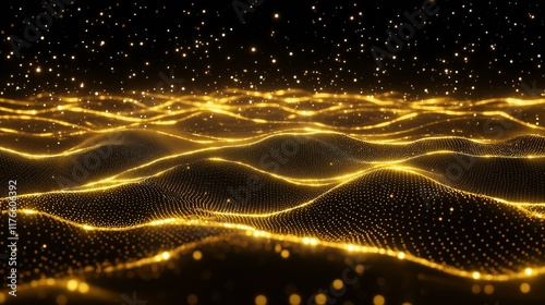 Luminous golden network connection with sparkling dots background. Based on Generative AI photo