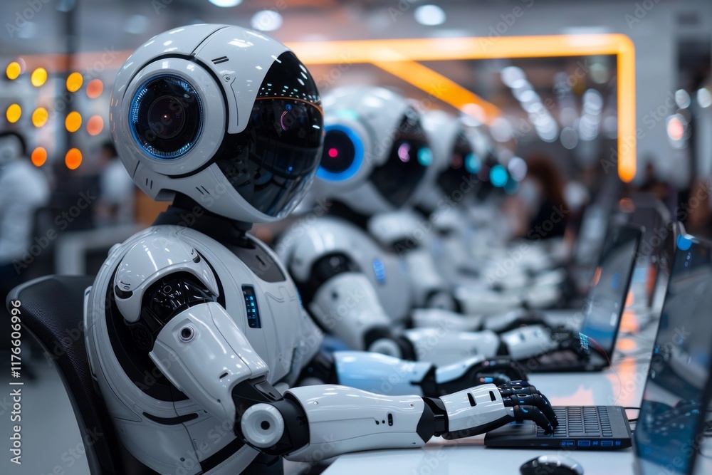 Fototapeta premium White humanoid robots with blue glowing eyes are working on laptops in a futuristic office. AI generative. .